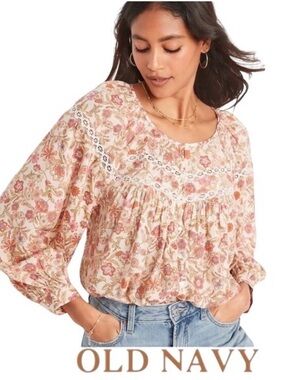 4X Old Navy Long-Sleeve Lace-Trimmed Floral-Print Blouse
